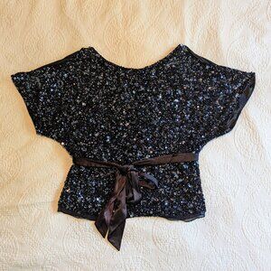 Aidan Mattox Black Sequin Cold Shoulder Dolman Sleeve Silk Evening Blouse Size L